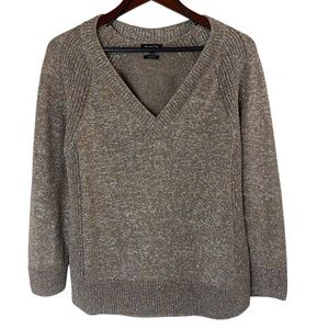 MASSIMO DUTTI Size M Lightweight Silver Glitter Lurex V-Neck Oversized Tan Coope
